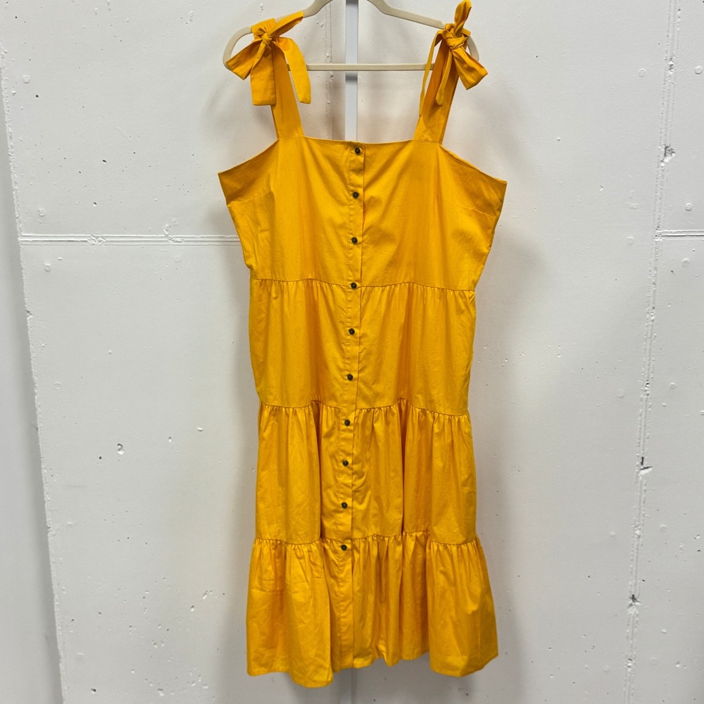 Who What Wear Yellow Cotton Tiered Midi Dress Tie Shoulder Button Front Pocket